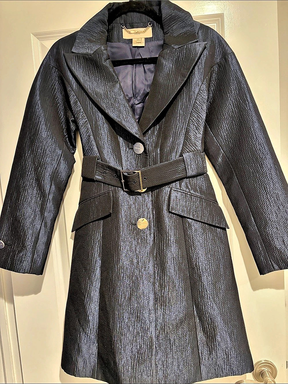 Karen Millen England Women's navy textured satin Belted Trench Coat